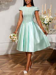 Elegant Round Neck Bow Decor Cinched Waist Midi Dress
