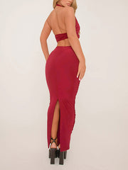 Sexy Heart Metal Decor Ruched Halter Skirt Sets