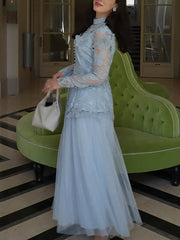 Elegant Embroider Hollow Tops Mesh Pleated Skirt Sets