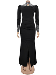 Elegant Rhinestone O Neck Slit Maxi Dress