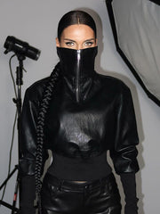PU Leather Patchwork High Collar Hoodie