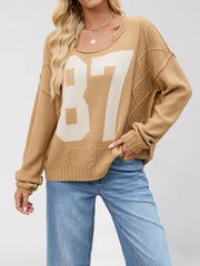 Casual Crew Neck Knit Number Pullover Sweater