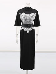 Casual Round Neck Lace Patchwork High Split Dress