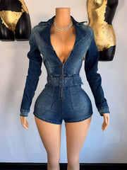 Casual Zipper Denim Romper