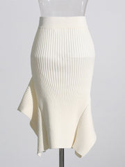 High Waist Ribbed Hem Ruffles Midi Skirt