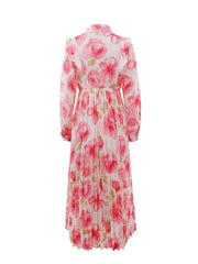Elegant Print O Neck Long Sleeve Pleated Dress