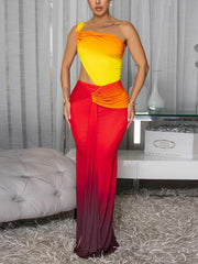 Gradient Color Cut Out Ruched Asymmetrical Maxi Dress