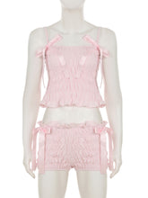 Sexy Bow Spaghetti Strap Top Ruffle Shorts Sets