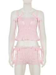 Sexy Bow Spaghetti Strap Top Ruffle Shorts Sets