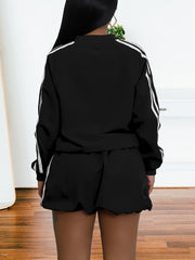 Casual Striped Jacket and Drawstring Short Skirt Set