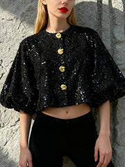Round Neck Sequin Puff Sleeve Cardigan Top