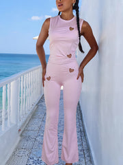 Heart Hollow Sleeveless Top High Waist Pant Set