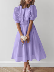 Elegant Puff-Sleeve High Waist A-Line Midi Dress
