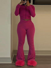 Simple Long Sleeve Top And Pants Casual 2 Piece Set