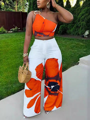 Sexy Print Crop Tops Wide Leg Pants Set