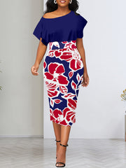 Scoop neck Print Slim Midi Dress