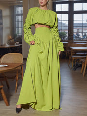 Fashion Round Neck Bubble Sleeve Maxi Skirt Set