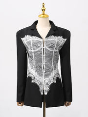 Fashion Lace Patchwork Buttoned Lapel Blazer