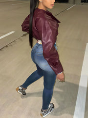 Sexy Cross Neck Irregular PU Leather Crop Jacket