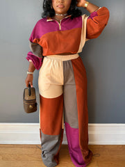 Casual Color Block Patchwork Top And Pants Sets