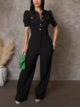 Turndown Collar Short Sleeve Wide Leg Jumpsuit