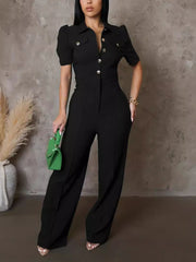 Turndown Collar Short Sleeve Wide Leg Jumpsuit