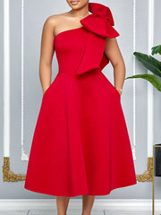 Single Shoulder Bow Detail Flare Midi Dress