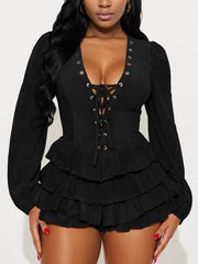 Fashion V Neck Lace-up Ruffled Tiered Mini Dress