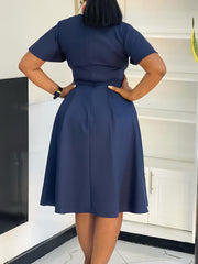 Elegant Short Sleeve Lace-up Slim Midi Dress