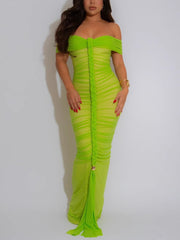 Sexy Off Shoulder Pleated See Through Mesh Dress