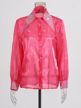 Turn-down Collar Rhinestone Sheer Loose Casual Shirt