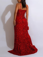 Sexy Patchwork Sequins Slit Spaghetti Strap Dress