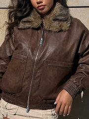 Fashion Loose Pocket PU Leather Jacket