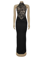 Lace Halter See Through Backless Slim Maxi Dress