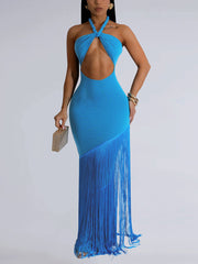 Sexy Halter Lace-up Fringes Maxi Dress