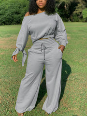 Casual Oblique Shoulder Tops High Waist Trousers Set