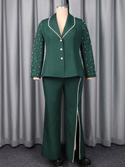 Elegant Shimmering Pearls Blazer Slit Pants Suit