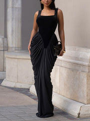 Elegant Velour Patchwork Ruched Slim Maxi Dress