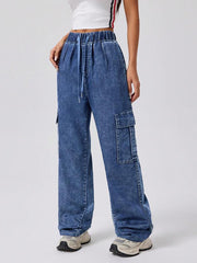 Retro Elastic Waist Loose Straight Cargo Jeans