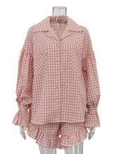 Fashion Plaid Puff Sleeve Ruffle Shirt Shorts Sets