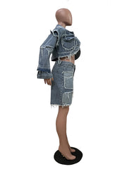 Casual Denim Cropped Jacket and Shorts Set