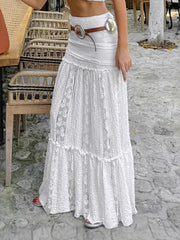 Fashion High Waist Lace Floral Ruffles Maxi Skirt