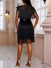 Elegant Round Neck Fringe Belt High Waist Dress