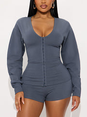 Fashion Tight Button V-neck Top Shorts Casual Set