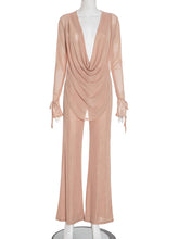 Fashion Cowl Neck Mesh Sheer Top And Pant Sets