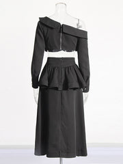 Fashion One Shoulder Crop Shirt Ruffle Long Skirt Set