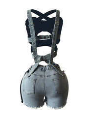 Fashion Hollow Out Bandage Denim Vest And Shorts Sets