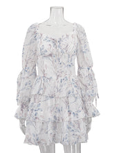 Elegant Square Collar Print Lace-up Tiered Dress