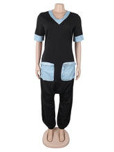 Casual V Neck Denim Patchwork Cargo Jumpsuit