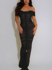 Sexy Off Shoulder Pleated See Through Mesh Dress